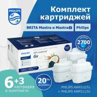 Набор сменных картриджей для фильтр-кувшинов Brita Maxtra и Maxtra+ Philips AWP212/51+Philips AWP211/51, 9 шт, активированный уголь, белый