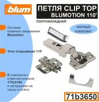 Петля BLUM полунакладная 71B3650 с ответной планкой 173L6100, заглушкой на чашку, заглушкой на плечо