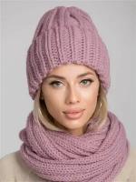 Комплект (шапка и снуд) женский, шапка вязаная бини с отворотом, теплый шарф зимний объемный
