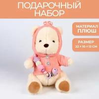 Подарочный набор мягкая игрушка медвежонок + держатель для пустышки, розовый