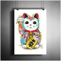 Постер плакат для интерьера "Японский символ счастья и удачи - Манэки-нэко (статуэтка кота)" / Декор дома, офиса, комнаты, квартиры A3 (297 x 420 мм)