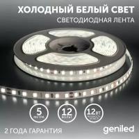 Светодиодная лента Geniled - Холодный белый свет / GL-120SMD2835 / 1250 Лм/м / 12 В / L - 5 м / B - 8 мм / W - 12 вт / 6500 К / IP65