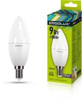 Светодиодная лампа Е14 9Вт ERGOLUX 13169 LED-C35-9W-E14-6K, 6500K, 875Лм, холодный белый, свеча