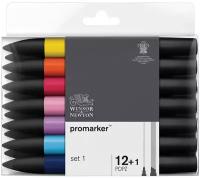 Набор художественных маркеров двухсторонних Winsor&Newton "Pro", пулевидный/скошенный, 2мм/7мм, 12цв.+1 блендер