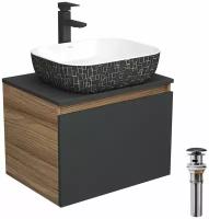 Комплект для ванной, 4 предмета (тумба Bau 60, графит + раковина BAU Stil Black White 50х40 + смеситель Hotel Black, выпуск клик-клак, черный)