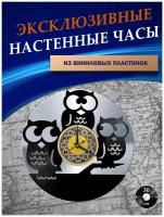 Часы настенные из Виниловых пластинок - Совы (серебристая подложка)