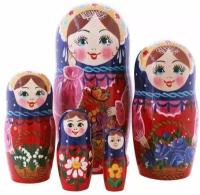 Матрешка деревянная Корзинка с бабочкой, сине-красная, 5 мест, 17 см / Развивающие детские игрушки