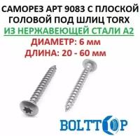 Саморез с плоской головкой под шлиц TORX АРТ 9083 нержавеющий А2 (AISI 304), размер 6х20, 5 шт