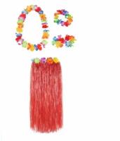 Гавайская юбка красная 80 см, ожерелье лея 96 см, венок, 2 браслета (набор)