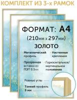 Комплект металлических рамок 21х30 (А4), 3 шт.; Нельсон; цвет золотой матовый