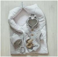 Демисезонный вязаный детский комплект на выписку, 3 предмета, смесовая пряжа 30% шерсть, MAMINY ZAPISKY, 62 размер (0-3мес), цвет серебро