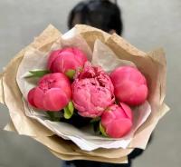 Букет свежих цветов, пионы Корал 5шт. в крафтовой упаковке
