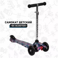 Самокат трехколесный детский SX Scooter, со светящимися колесами, для детей 1-3 года, Синие цветы