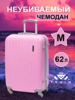 Чемодан на колесах дорожный средний багаж для путешествий женский m TEVIN размер М 64 см 62 л легкий 3.2 кг прочный abs (абс) пластик Розовый нежный