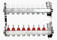 Коллектор для теплого пола на 8 выходов из нержавеющей стали с регулирующими клапанами и расходомерами, 1" x 3/4" VALFEX
