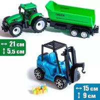 Набор машинок 2 шт: Трактор-тягач с прицепом самосвал (зеленый) и Погрузчик крановый с конфетами (синий)