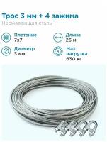 Гидротек Трос нержавеющая сталь 7x7 AISI 304, 3мм бухта 25 метров + зажим 3-4 мм 4шт