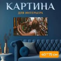 Картина на холсте "Книги, полка, стойка" на подрамнике 75х40 см. для интерьера