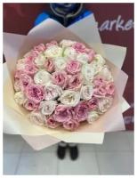 Букет пионовидные розовые, белые розы охара 51 шт, красивый букет цветов, шикарный, цветы премиум, роза