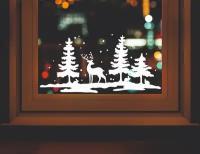 Наклейка новогодняя для оформления окон и витрин "Олень в лесу" 50х24 см.). Декор для окон / новогодний