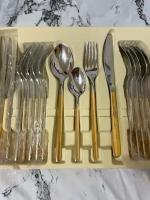 Набор столовых предметов МиР ХоЗяЮшКи 24, по 6 ножей, вилок, столовых и чайных ложек серебренные с золотыми вставками