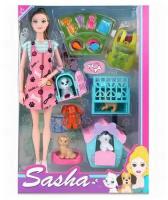 Игровой набор кукла Sasha 29 см с питомцем, 4 животных с аксессуарами, подарок для девочки, 51819