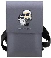 Сумка Lagerfeld Wallet Phone Bag PU Saffiano Karl & Choupette для смартфонов, серебристая