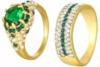 Женское золотое кольцо с зеленым рубином двойное 2 в 1, инкрустированное кристаллами кубического циркония и горного хрусталя