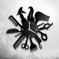 Настенные часы из виниловой пластинки с тематикой парикмахерской/Часы в подарок парикмахеру
