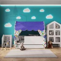 Кроватка детская домик с текстилем и ящиком" (балдахин- синий, с машинками, выкатной ящик / ящик для хранения белья, игрушек ), "Базовый", вход слева