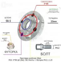 Проставка для дисков 1 шт 20мм: 4*98 ЦО (dia): 58.5мм / с бортиком / крепёж в комплекте Болты + Футорки M12 * 1.25 применяемость: Datsun ВАЗ Лада