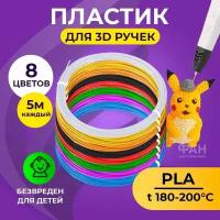 Пластик для 3D ручки Funtasy (для 3д ручки), 8 цветов по 5 метров, набор, безопасный, без запаха, леска пластмасса, картриджи