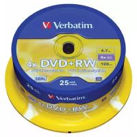 Оптический диск DVD+RW VERBATIM 4.7Гб 4x, 25шт., cake box [43489]