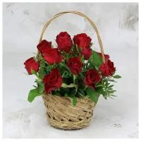 15 красных роз 20см. с листьями фисташки в корзине