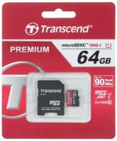 Карта памяти Transcend Premium microSDXC 64Gb UHS-I Cl10 +ад, TS64GUSDU1