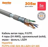 Кабель витая пара Hyperline F/UTP, категория 5e, 4 пары (24 AWG), одножильный (solid), экран - фольга, LSZH, серый