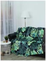 Плед TexRepublic Absolute flannel 150х200 см, 1,5 спальный, велсофт, покрывало на кровать, теплый мягкий, зеленый, рисунок монстера