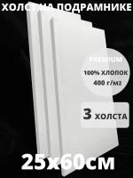 Холст на подрамнике грунтованный 25х60 см, плотность 400 г/м2 для рисования 3 шт