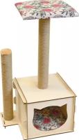 Комплекс для кошек Дом кубик 2 столбика фанера+лён, джут 34*44*81 см
