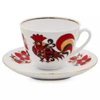 Чашка с блюдцем чайная форма "Весенняя", рисунок "Красные петушки", Императорский фарфоровый завод