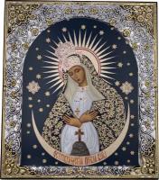 Икона Божией Матери Остробрамская, открытый лик, деревянная с патиной, шелкография, «золотой» декор, 21*24,5см