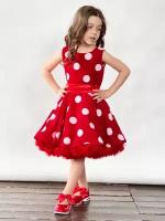 Платье для девочки нарядное бушон ST20, стиляги цвет красный, красный пояс, принт св-розовый горох (122-128)