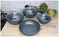 Набор посуды для приготовления O.M.S. COLLECTION кастрюли с крышками и сковородка с антипригарным покрытием, 7 предметов, цвет серый
