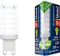 Светодиодная лампа Uniel LED-JCD-9W/4000K/G9/CL GLZ09TR прозрачная. Белый свет (4000К). Картон. ТМ