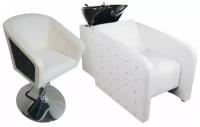 Парикмахерский комплект "Гламрок", Белый, 1 кресло черная вставка гидравлика диск, 1 мойка средняя черная раковина