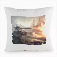 Подушка белая CoolPodarok Игры.ВоТ.Танки.World of Tanks.(два танка стреляют одновременно),белая