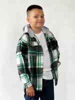 Рубашка для мальчика байковая с капюшоном бушон, цвет зеленый/серый/белый клетка (134-140)