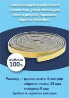 Самоклеящийся войлочный ленточный утеплитель, уплотнитель для окон и дверей 6 метров, толщина 6мм, ширина 25 мм
