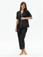 Пижама женская с брюками и рубашкой для сна, шелковая, атласная, домашняя одежда черная 48/XXL размер