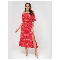 Платье сарафан в горох, открытые плечи с воланом, юбка колокольчик с воланом, красный цвет, размер XS